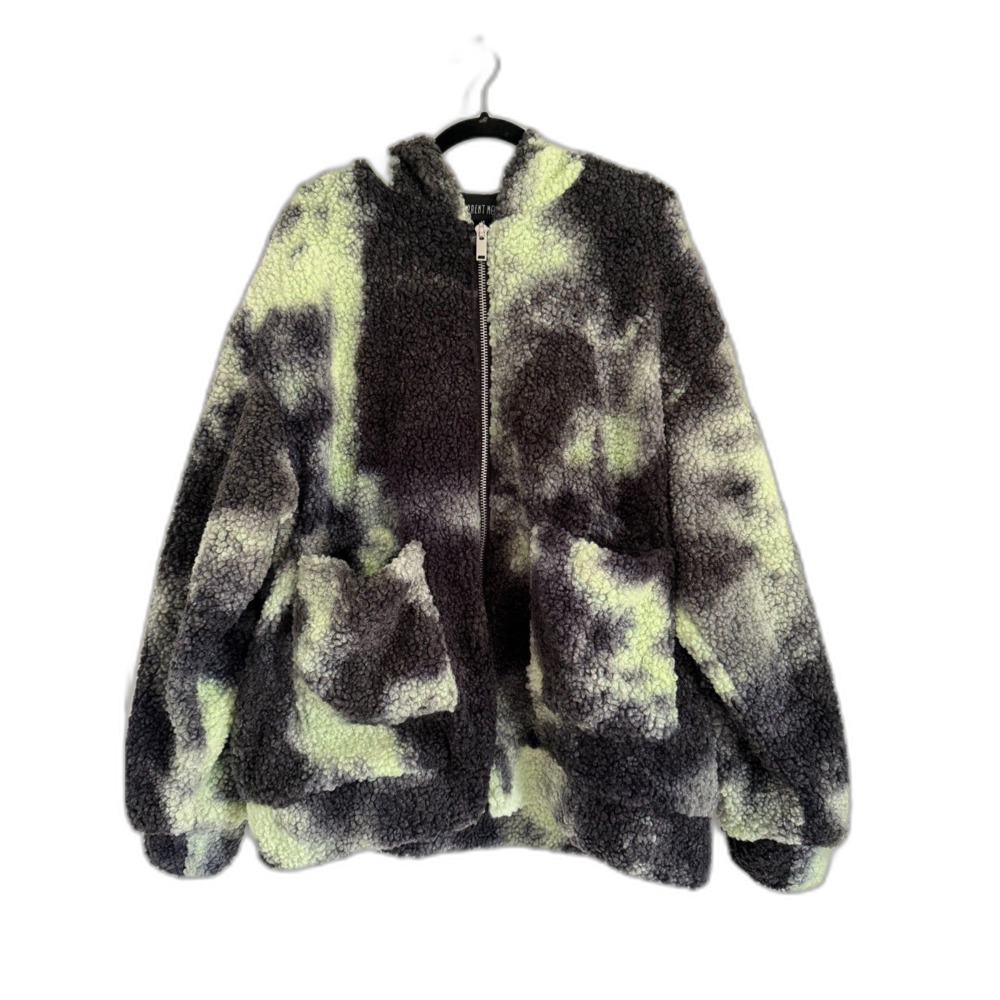 Current Mood Dolls Kill Hooded Sherpa Jacket Green and Black Medium